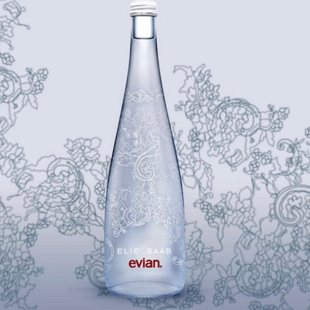 Elie Saab designer glass Evian France water bottle collectible New 2014 Sealed